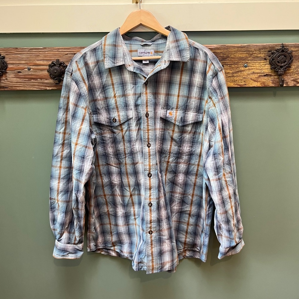 Carhartt Mens Relaxed Fit Plaid Button Down Shirt Blue Brown 104446 I40 XL Reg